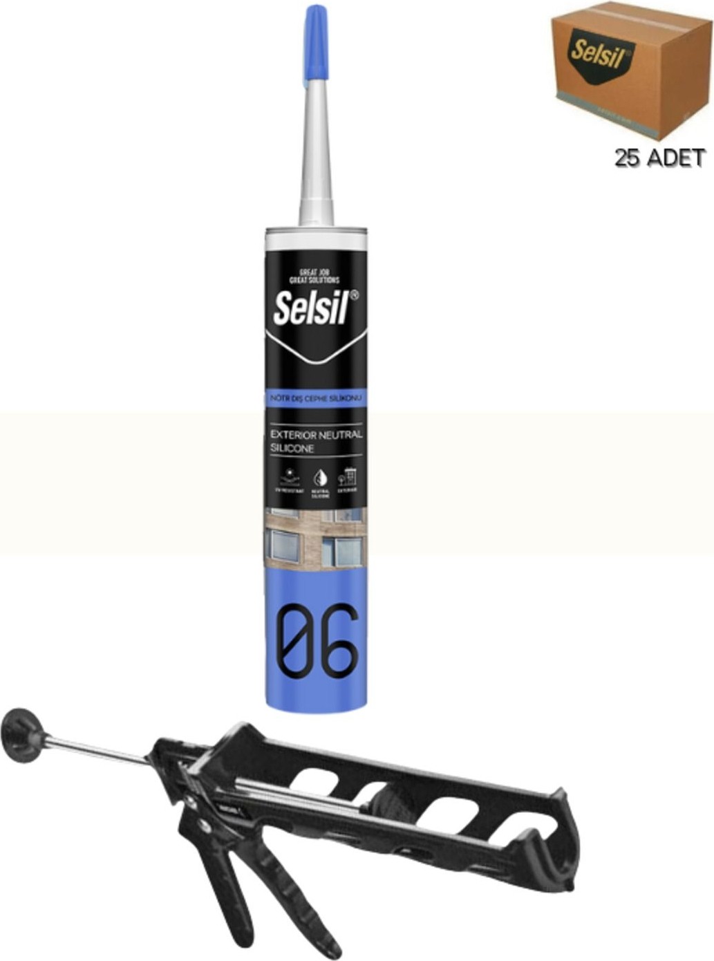 Nötr Cephe Silikonu 300 ml Şeffaf (25 Adet), Plastik Tabanca