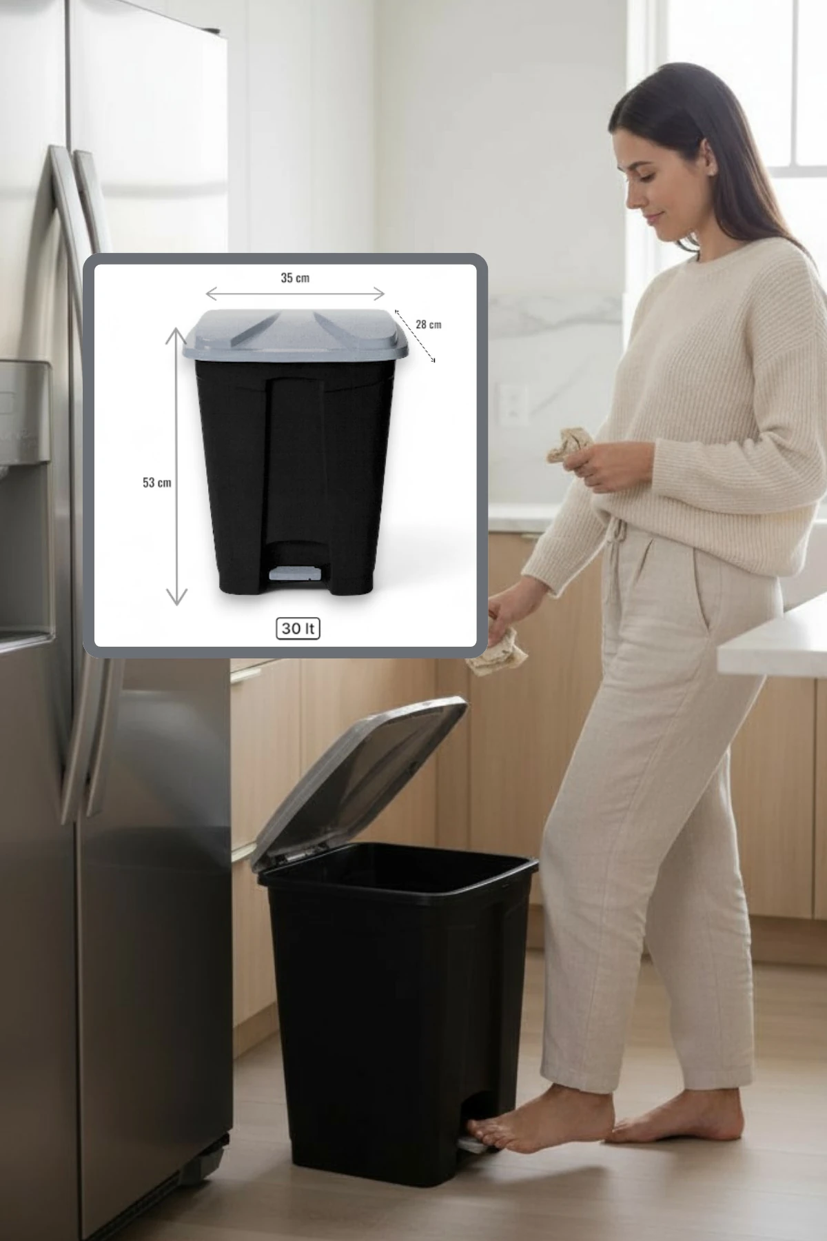 Slim Pedallı Çöp Kovası 30 Lt Gri -Siyah - Hijyenik Ayaklı Çöp Tenekesi İç ve Dış Mekan