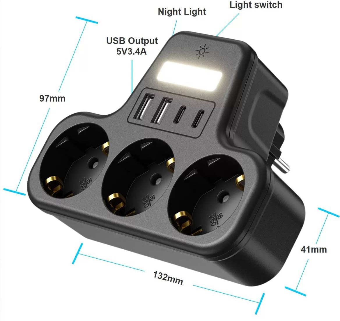 Çoklu Gece Lambalı Priz Yüksek Gerilim Korumalı 3'lü Priz 2x USB 2x Type-C Çıkışlı Grup Priz Çoğaltıcı