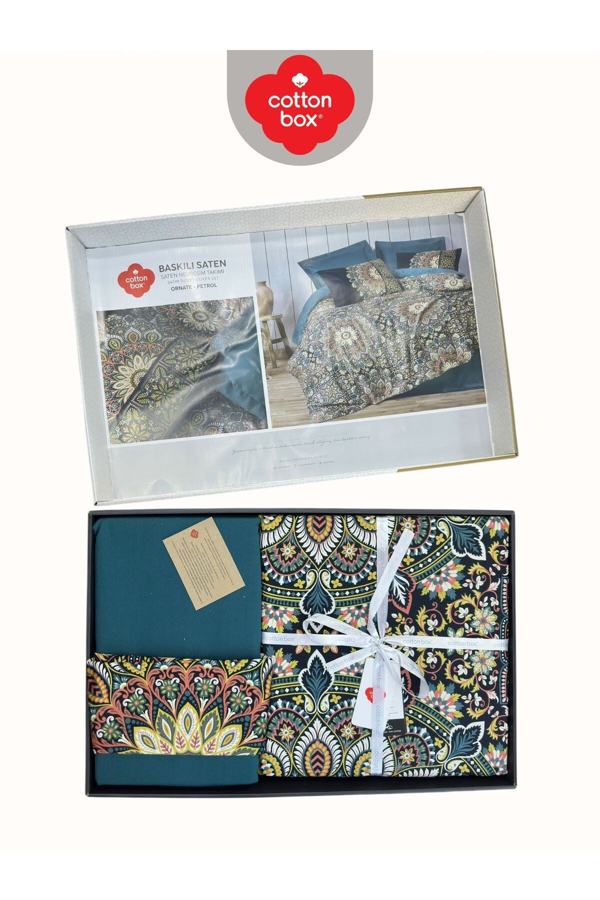 Ornate Petrol Çift Kişilik Pamuk Saten Nevresim Takımı