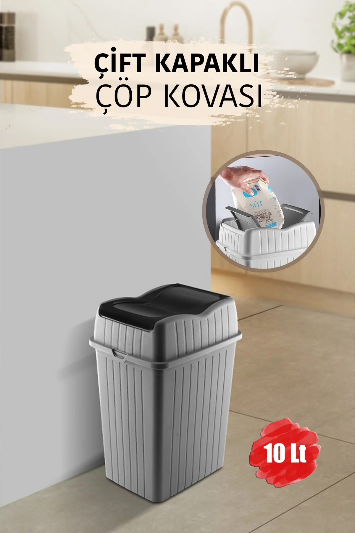 10 L - Çift Kapaklı Slim Çöp Kovası - Dekoratif Ev Ofis Banyo & Mutfak Düzenleyici Çöp Kutusu Gri