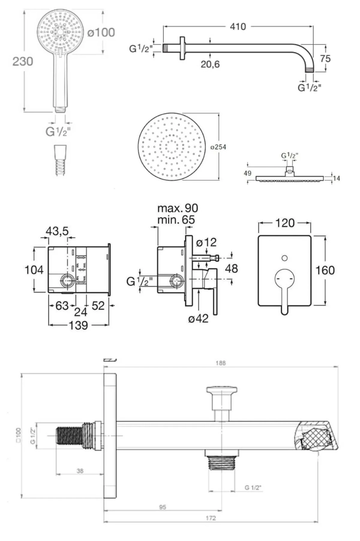 Carelia Mat Siyah 5 Parçalı Ankastre Banyo Duş Sistemi, Iç Set Dahil (DUVARDAN BORULU)