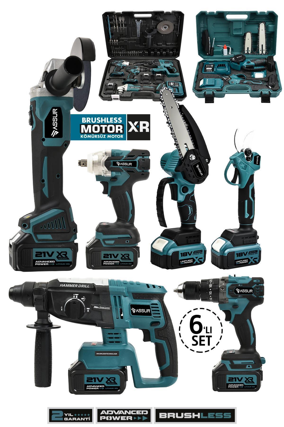 Assur 21V 2.0Ah Kömürsüz Darbeli 6'lı Set Matkap+Hilti+Taşlama+Somun Sıkma+Makas+Testere