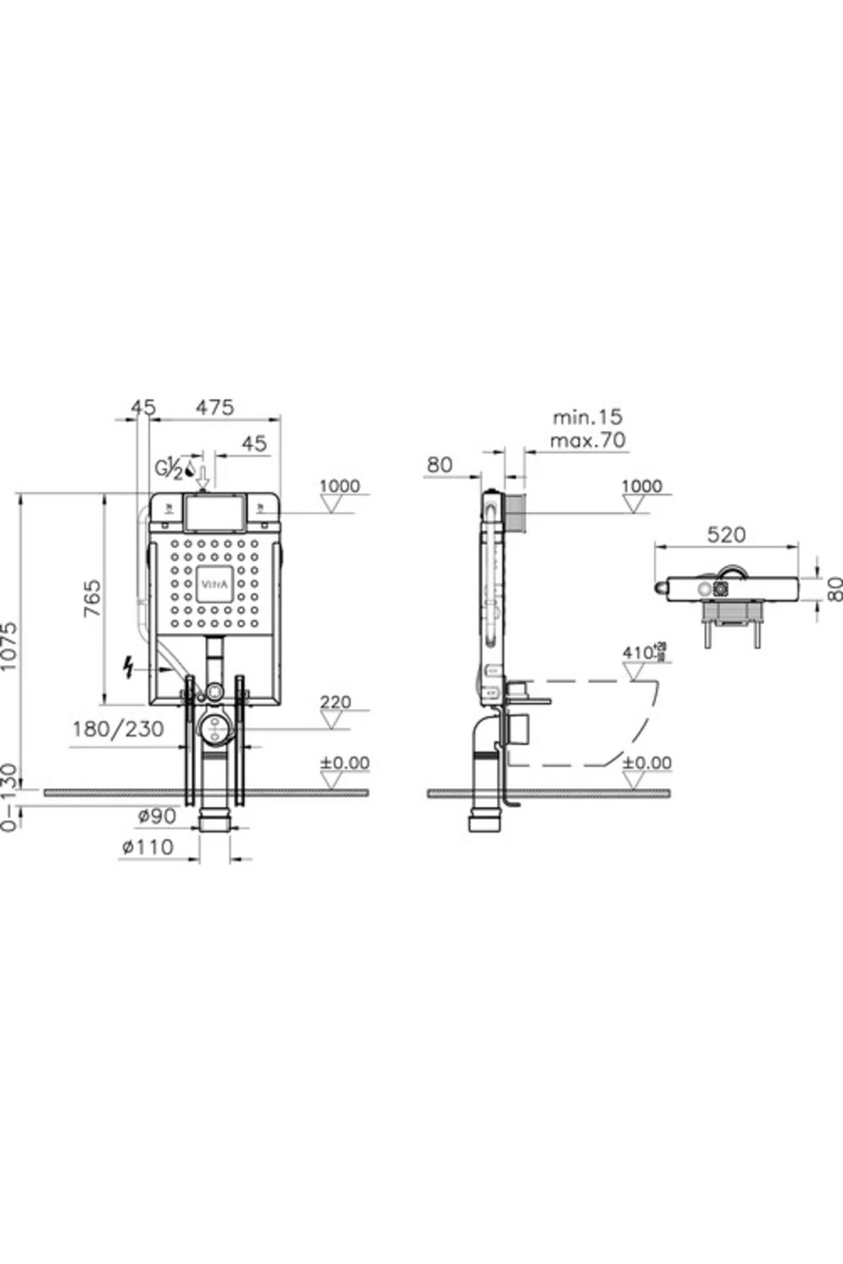 V8 768-1851-01 Gömme Rezervuar Asma Klozetler İçin İnce Metal Ayaklı 3/6 L