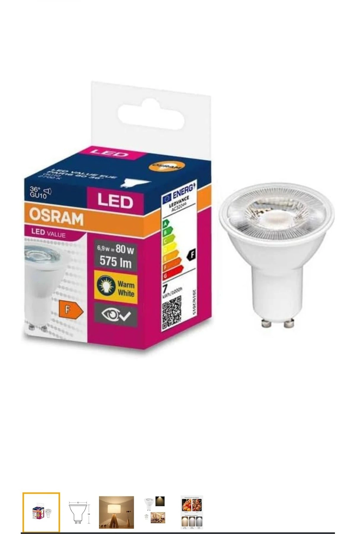 6.9w = 80w Eşdeğer Gu10 Duylu 2700kelvin Sarı Işık 575lümen F Enerji Led Value Spot Ampul