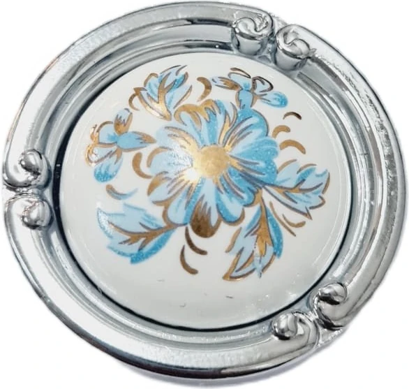 Porselen Düğme Kulp Metal Krom Beyaz Motifli / 5 Adet