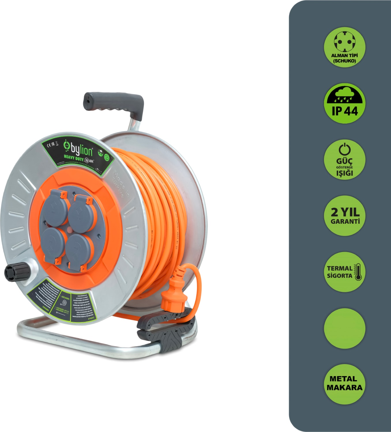 Mmp Serisi IP44 Makaralı Seyyar Uzatma Kablosu 20 Metre 3g2,5mm² (Türk Malı, Yüksek Darbe Dayanımı, Metal Sac, Dış Mekan, Su Sıçramalarına Karşı Korumalı, Turuncu Kablo, Termal Sigortalı)