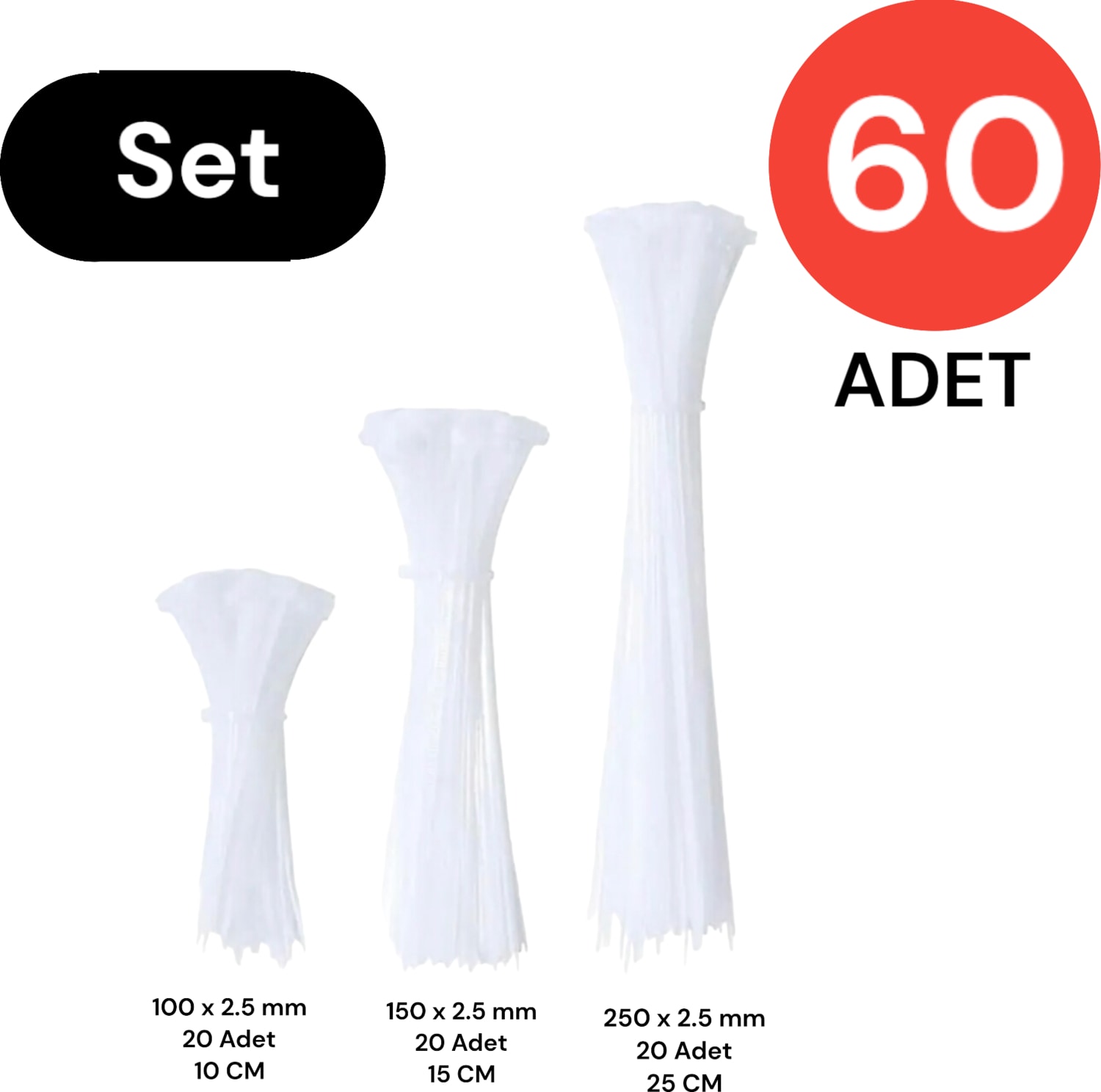 Plastik Kablo Bağı Klipsi Cırt Kelepçe Set 100-150-250 x 2.5 mm Beyaz (20 x 3) 60 Adet