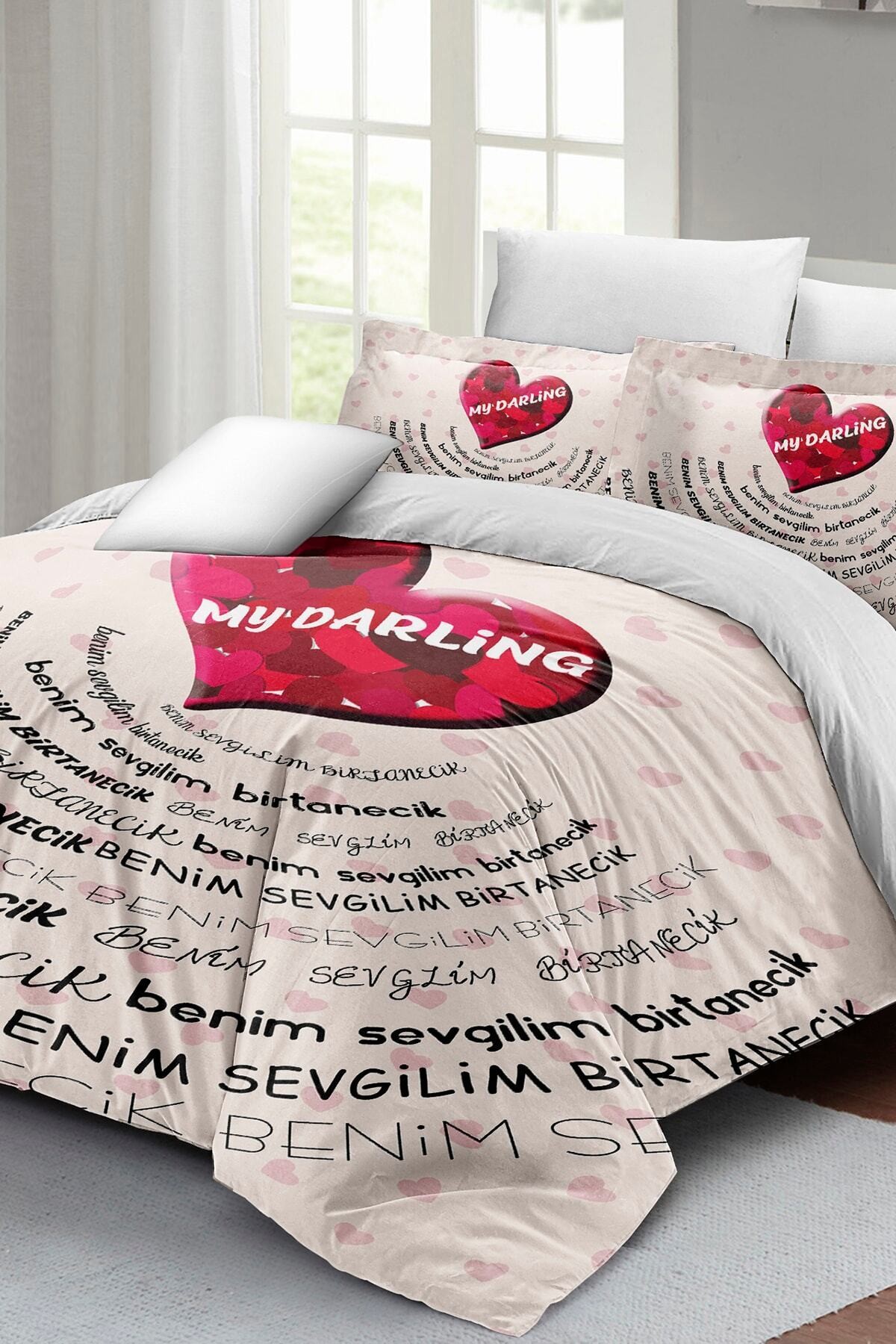 Kıng Sıze Sevgililer Günü Çift Kişilik Nevresim Takımı%100 Pamuk Saten Darling White 220x240cm