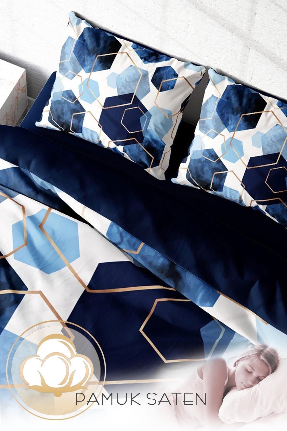 Nevresim Takımı %100 Doğal Pamuk Çift Kişilik 3d Digital Blue Hexagon
