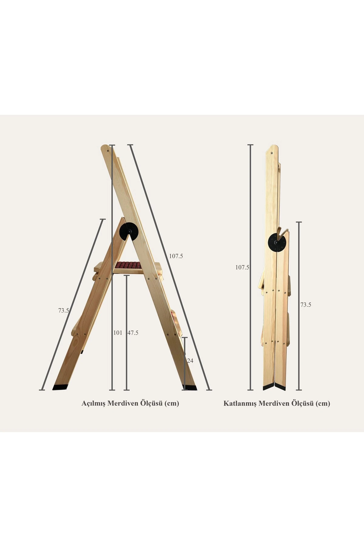 Ev Tipi Katlanabilir Ahşap Merdiven – Masif Çam, 2/3/4 Basamaklı, Dekoratif ve Çok Amaçlı