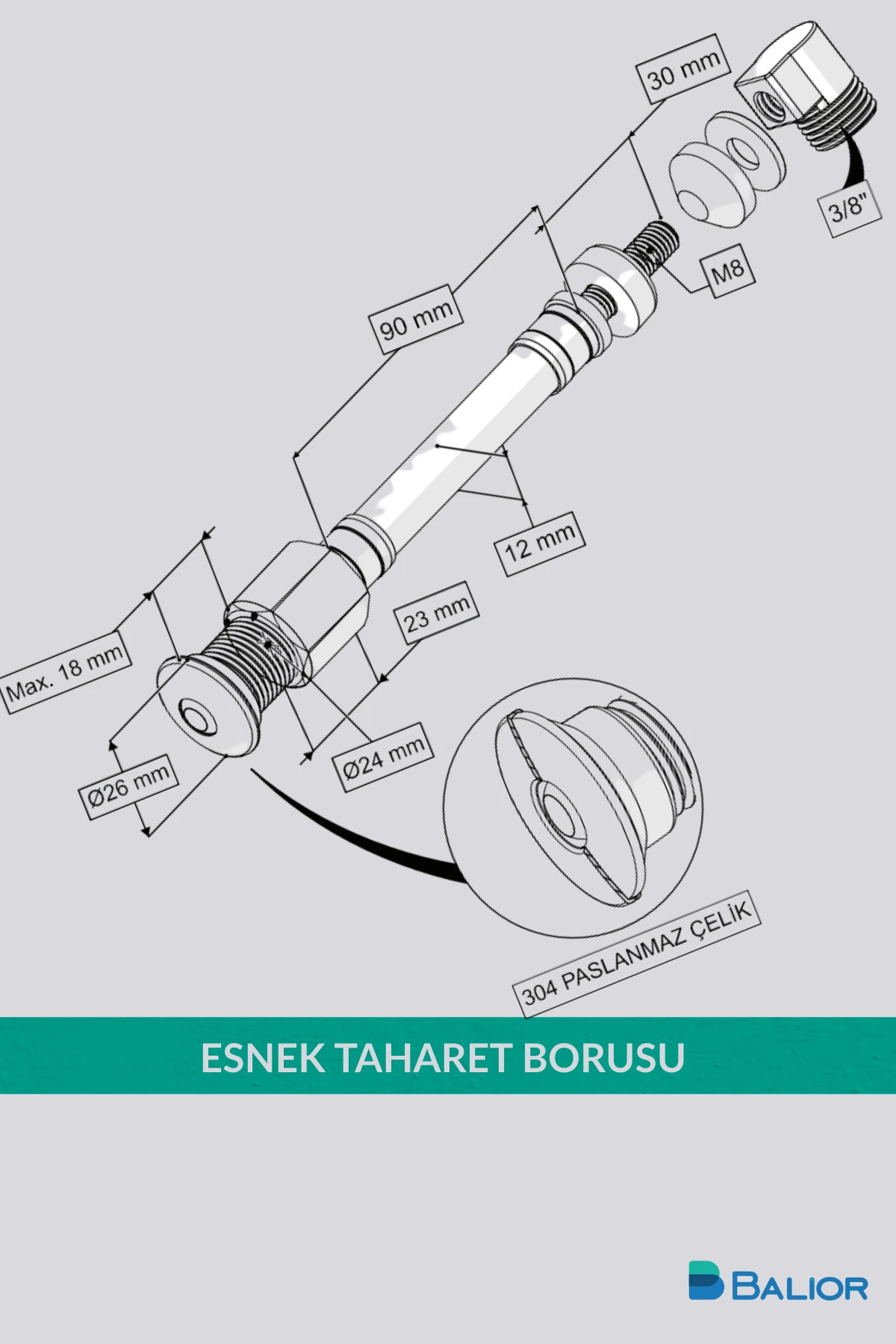 Asma Klozet Esnek Taharet Borusu Ø26 – 200 mm