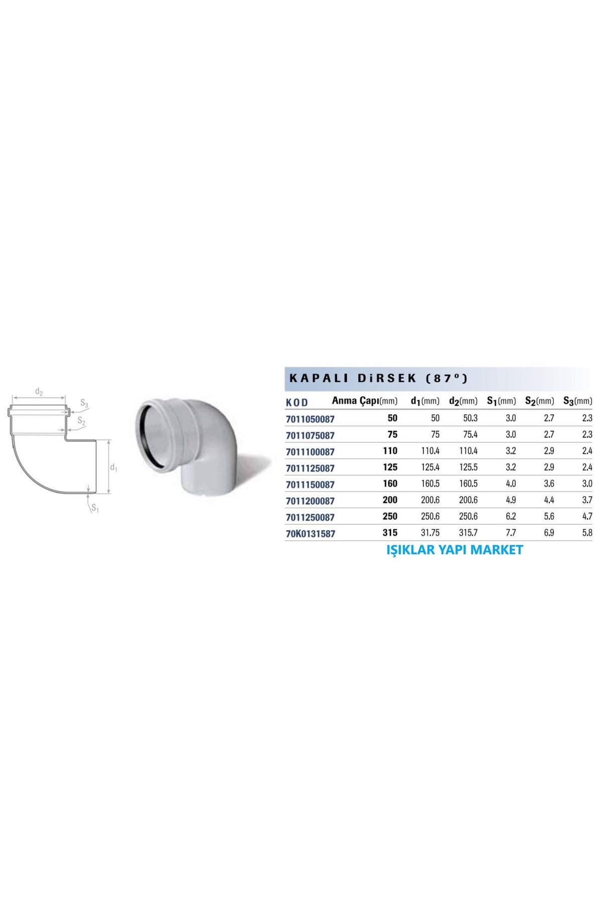 Pis Su Tesisatı-Pvc Kapalı Dirsek (87°) Ø 75mm