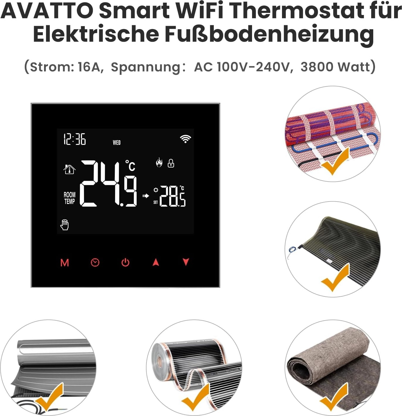 Avatto Elektrikli Yerden Isıtma Için Akıllı Wifi Termostatı, Programlanabilir Oda Termostatı, Yerden Isıtma Sistemi, Alexa, Google Home Sesli Kontrol ve Smart Life Uygulamasıyla Uyumlu, 2.4 Gh-Wlan