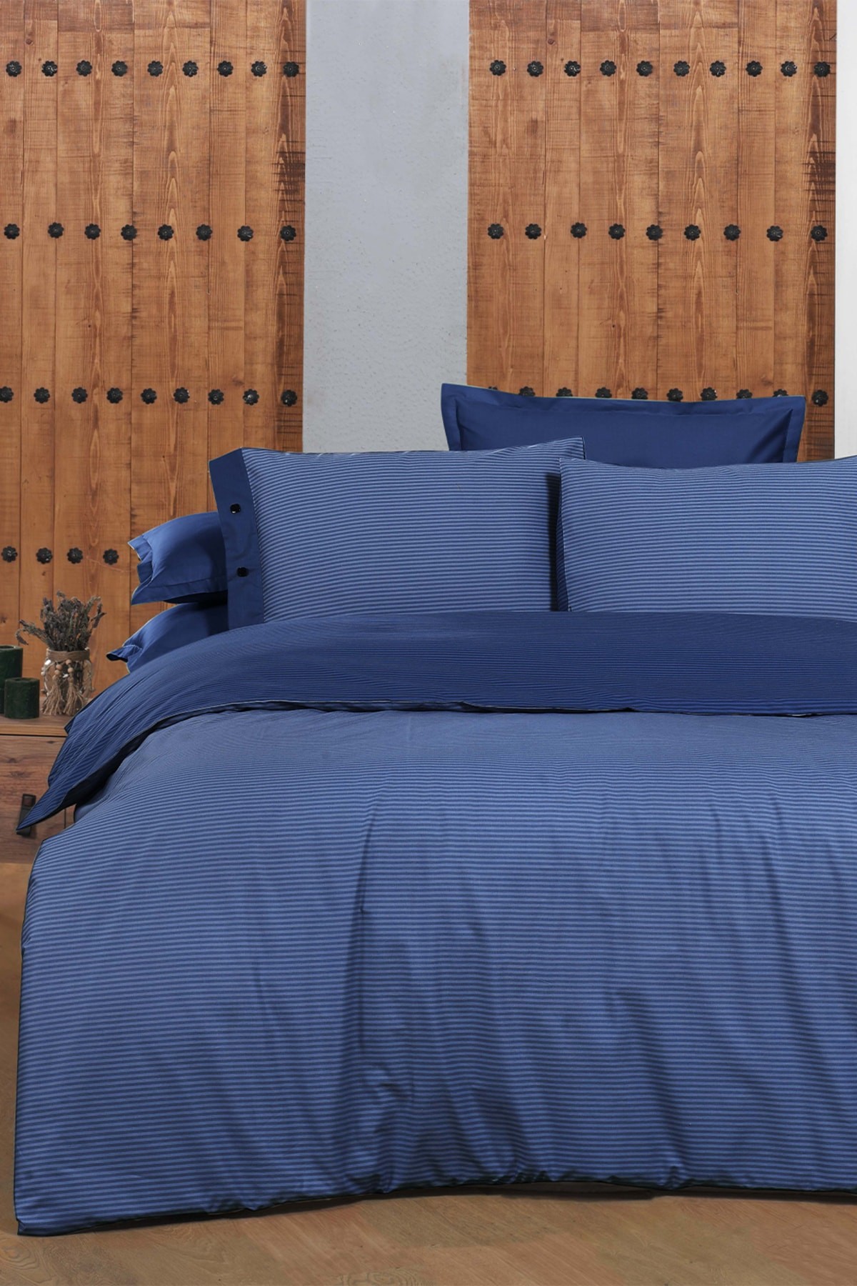 New Fancy Stripe Lacivert King Size (battal Boy) %100 Pamuk Çizgili Nevresim Takımı