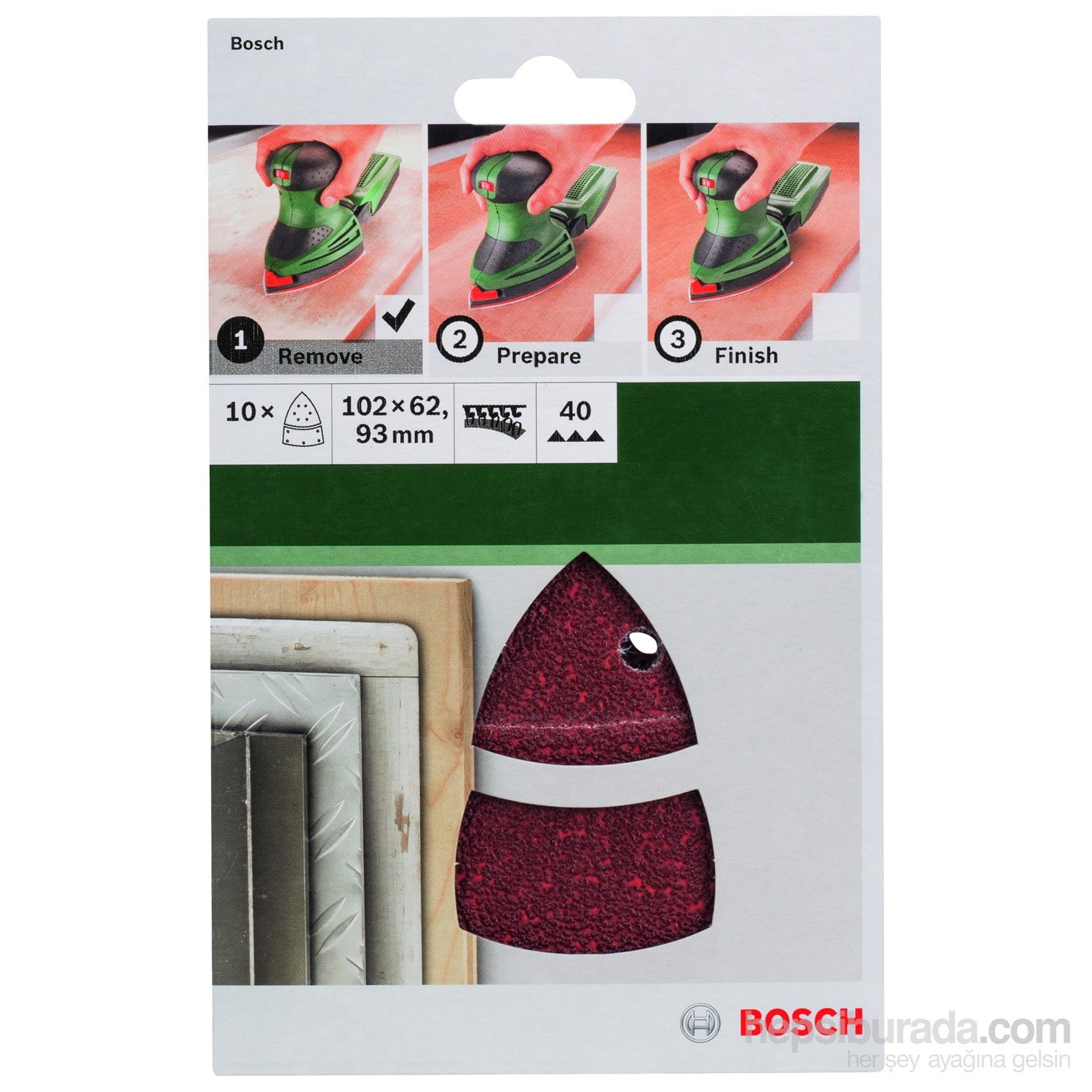BOSCH - Multi Zımpara Kağıdı 10'Lu, 102 X 62/93 Mm 40 Kum 11 Delik