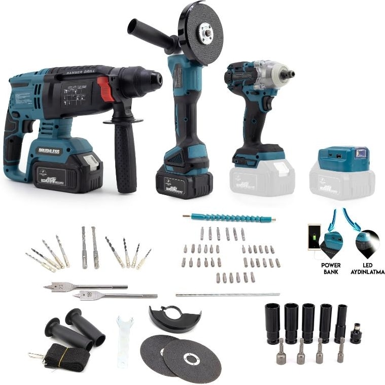 4lü Dörtlü Sarjlı Set Somun Sıkma Vidalama Matkap Hilti+Spral+Powerbank
