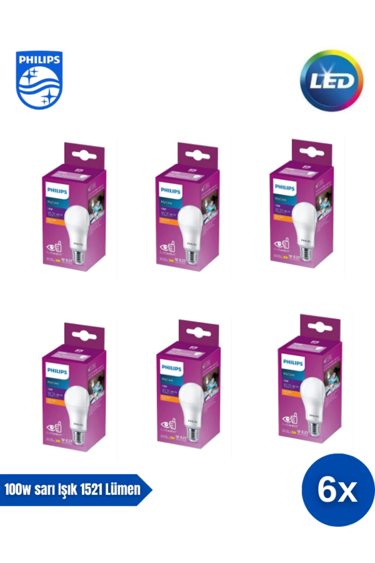 Mycare LED Lamba 13W - 100W 2700K Sarı  Işık  1521 Lümen Yüksek Işık  ( 6 ADET )