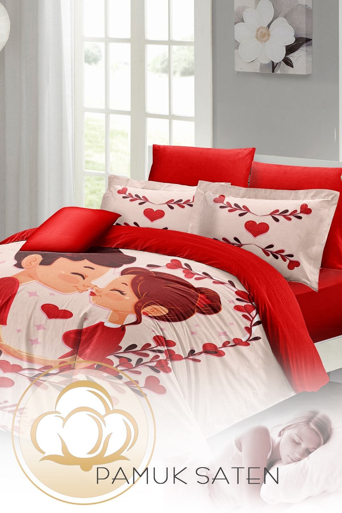 Kıng Sıze Sevgililer Günü Çift Kişilik Nevresim Takımı%100 Pamuk Saten Ilk Aşk 220x240cm