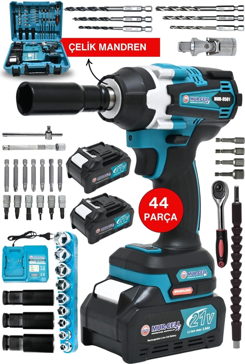 MUR-9501 450NM 21V 3AH Şarjlı Torklu Somun Sıkma Bijon Sökme Kömürsüz Matkap 43 Parça Setli
