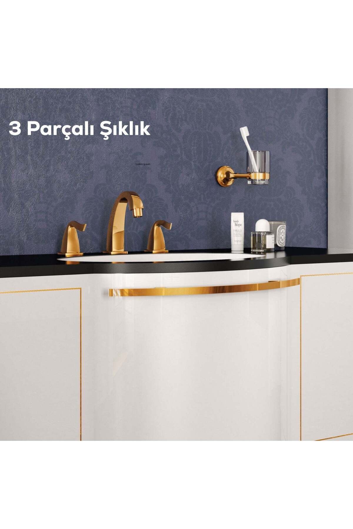 Giza Lavabo Armatürü Altın 3 Delikli sifonlu