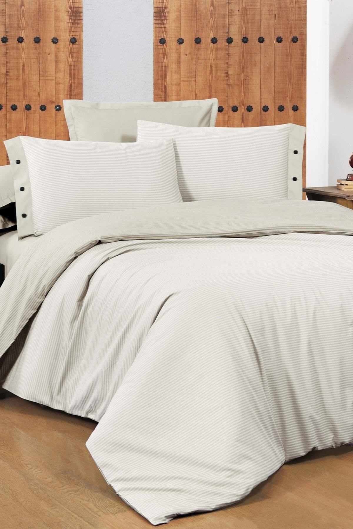 New Fancy Stripe Ekru Çift Kişilik %100 Pamuk Çizgili Nevresim Takımı