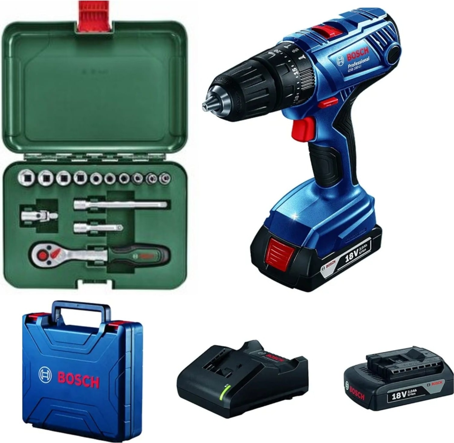 BOSCH Gsb 180 Li Darbeli Şarjlı Matkap Vidalama Çift Akülü ve 14 Parça  Lokma Seti