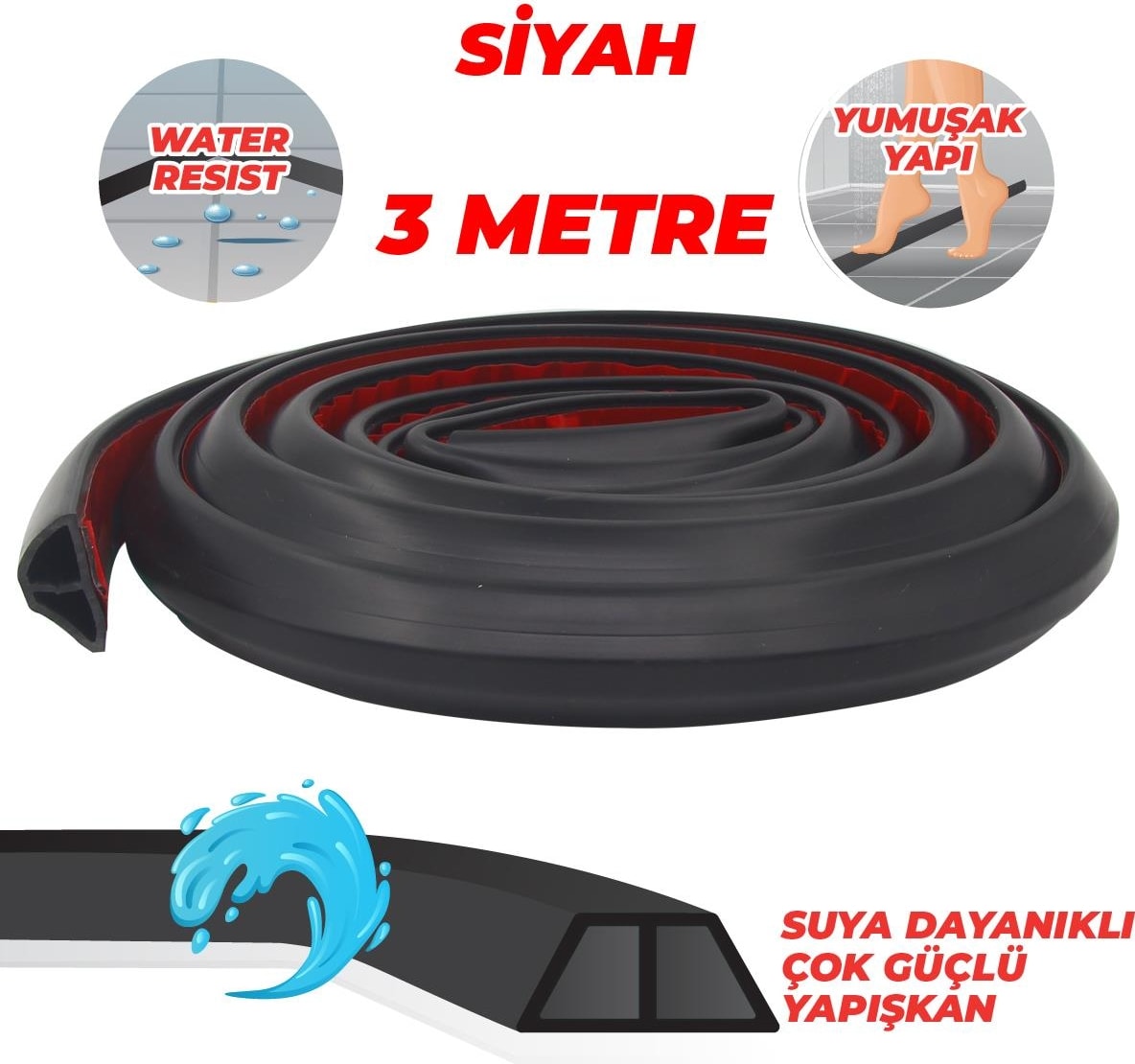 Duş, Kapı Eşiği, Mutfak Tezgahı Etrafı Su Kesici Bariyer Siyah 3 Metre