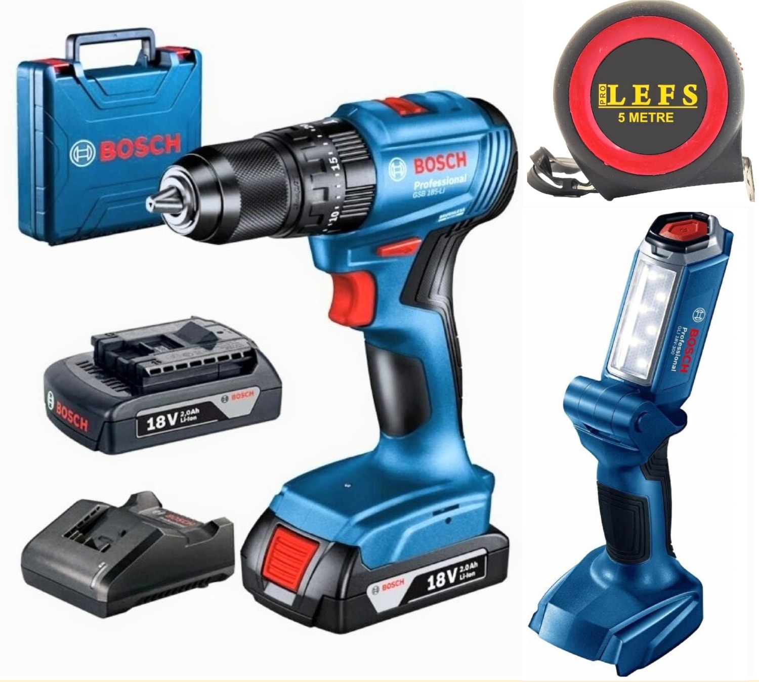 BOSCH Gsb 185 Li Darbeli Çift Bataryalı Matkap Vidalama ve  Glı 18 V-300 Şarjlı El Feneri