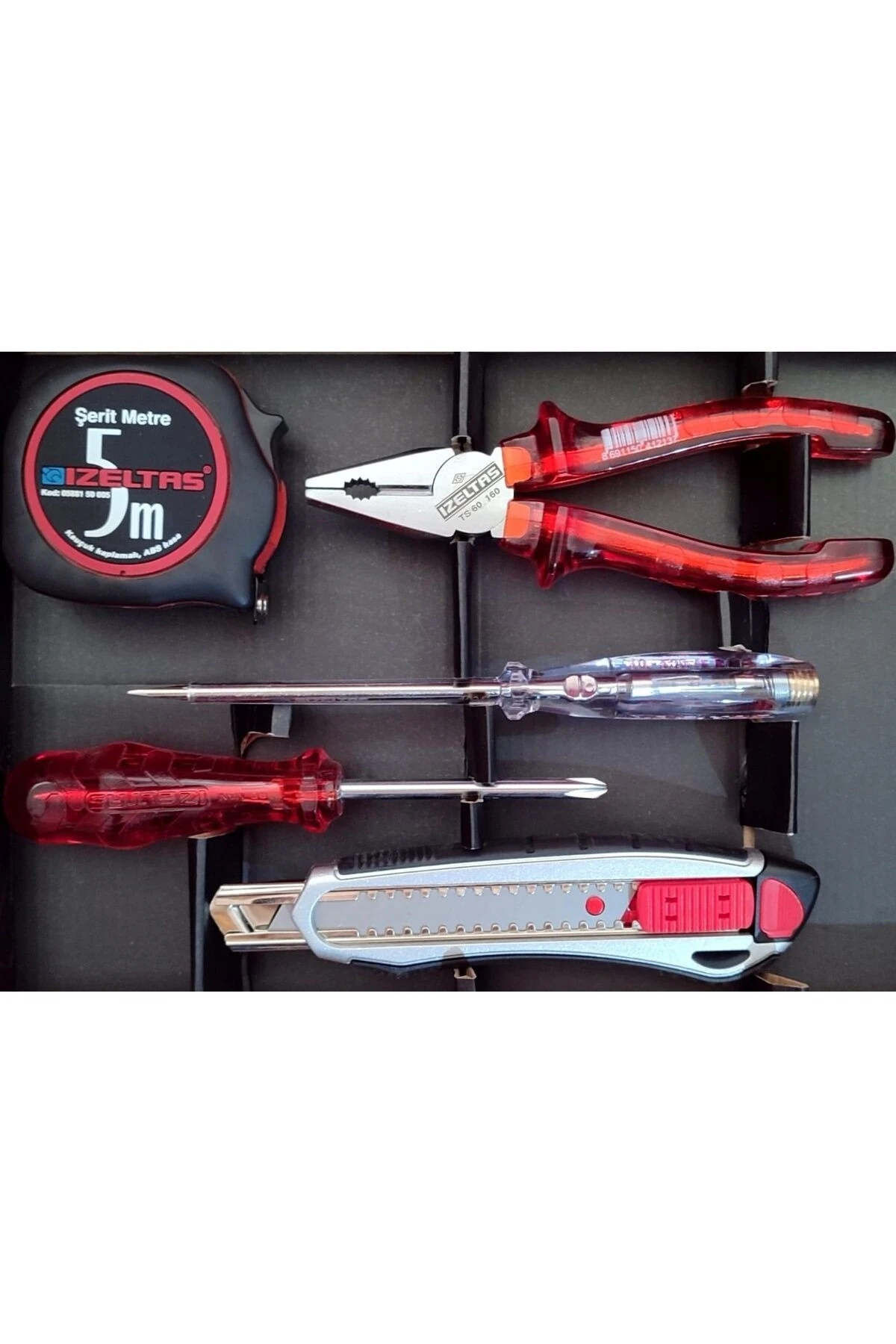 5'li Pro Set 5 Parça Kraft Pense 160mm Kontrol Kalemi Tornavida Maket Bıçağı Şerit Metre