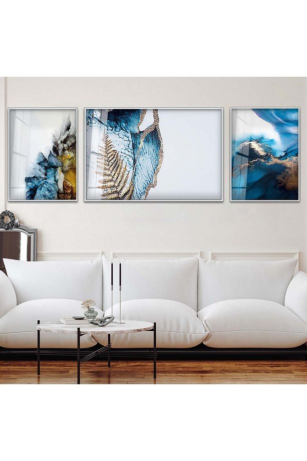 Gümüş Metal Çerçeveli Mavi Desen Modern Üçlü Kırılmaz Cam Tablo Seti