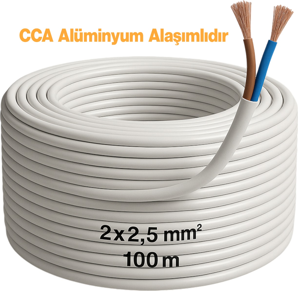 Cca Çok Telli Kablo 2x2.5 mm 100 Metre Elektrik Kablosu Topraklama Yok Alüminyum Alışım Beyaz Renk
