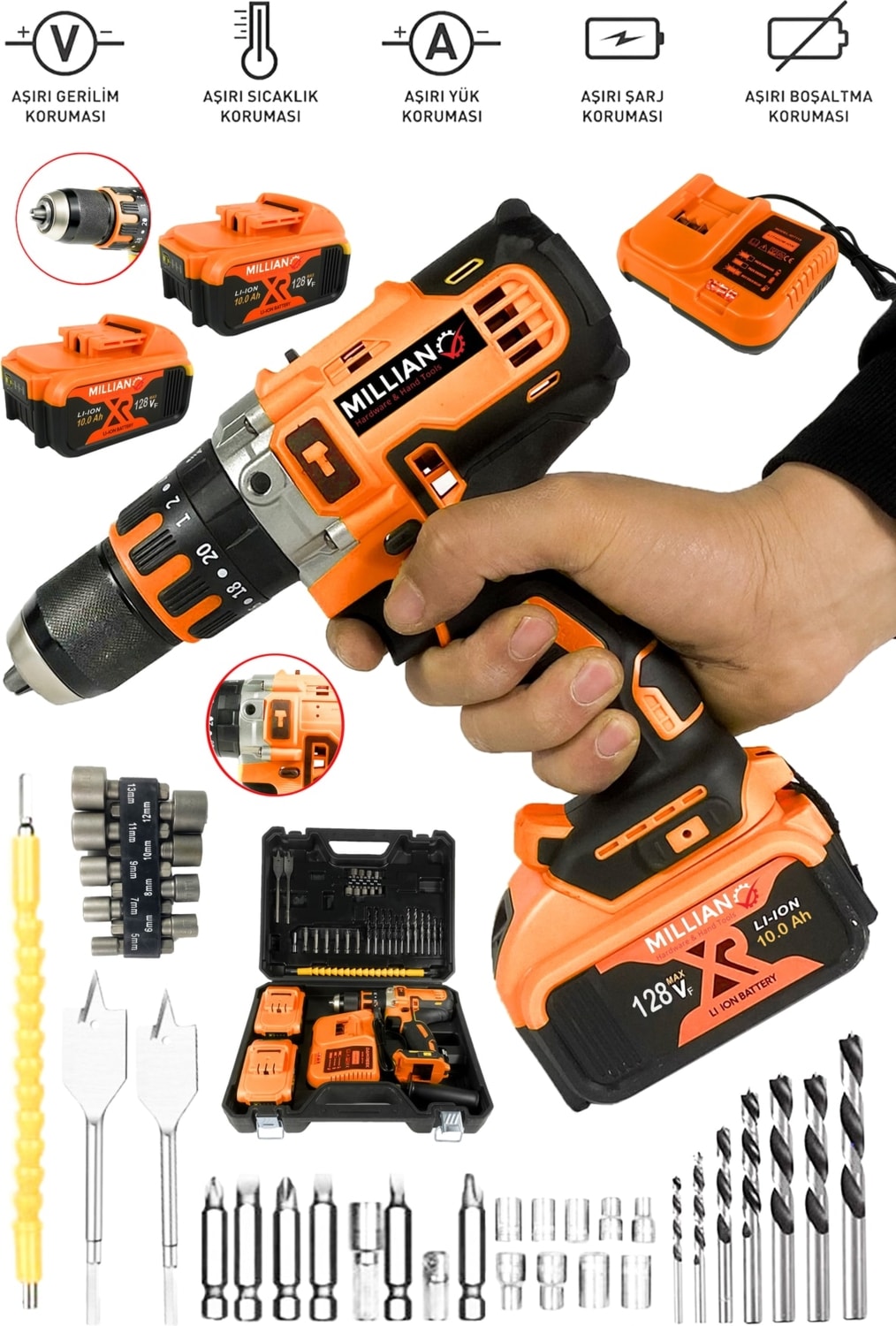 Tekno Trust 128 V 10 Ah Bakır Sargılı Darbeli Şarjlı Matkap Çift Akülü Metal Şanzıman Vidalama 39 Parça Setli
