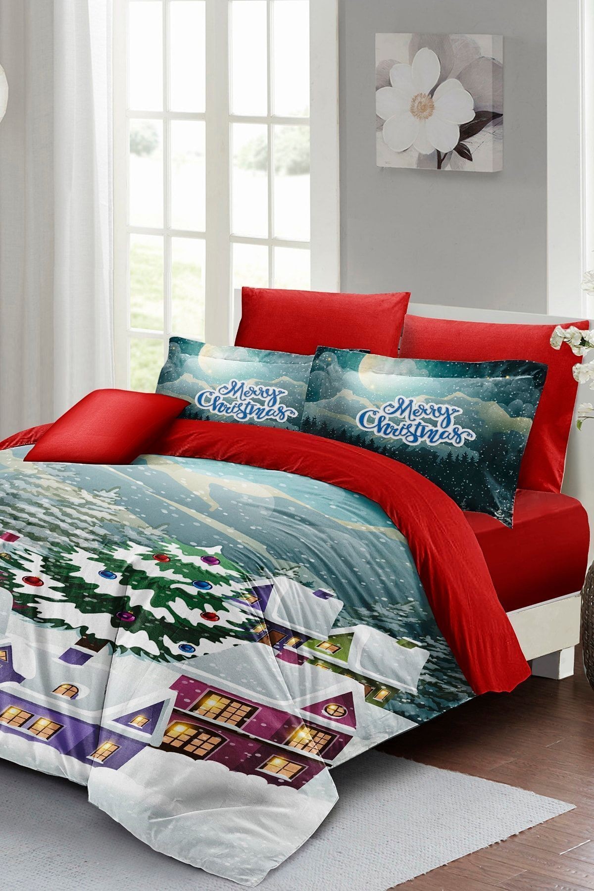 Yılbaşı Süsü Dream House Noel %100 Pamuk Saten 3d Çift Kişilik Nevresim Takımı