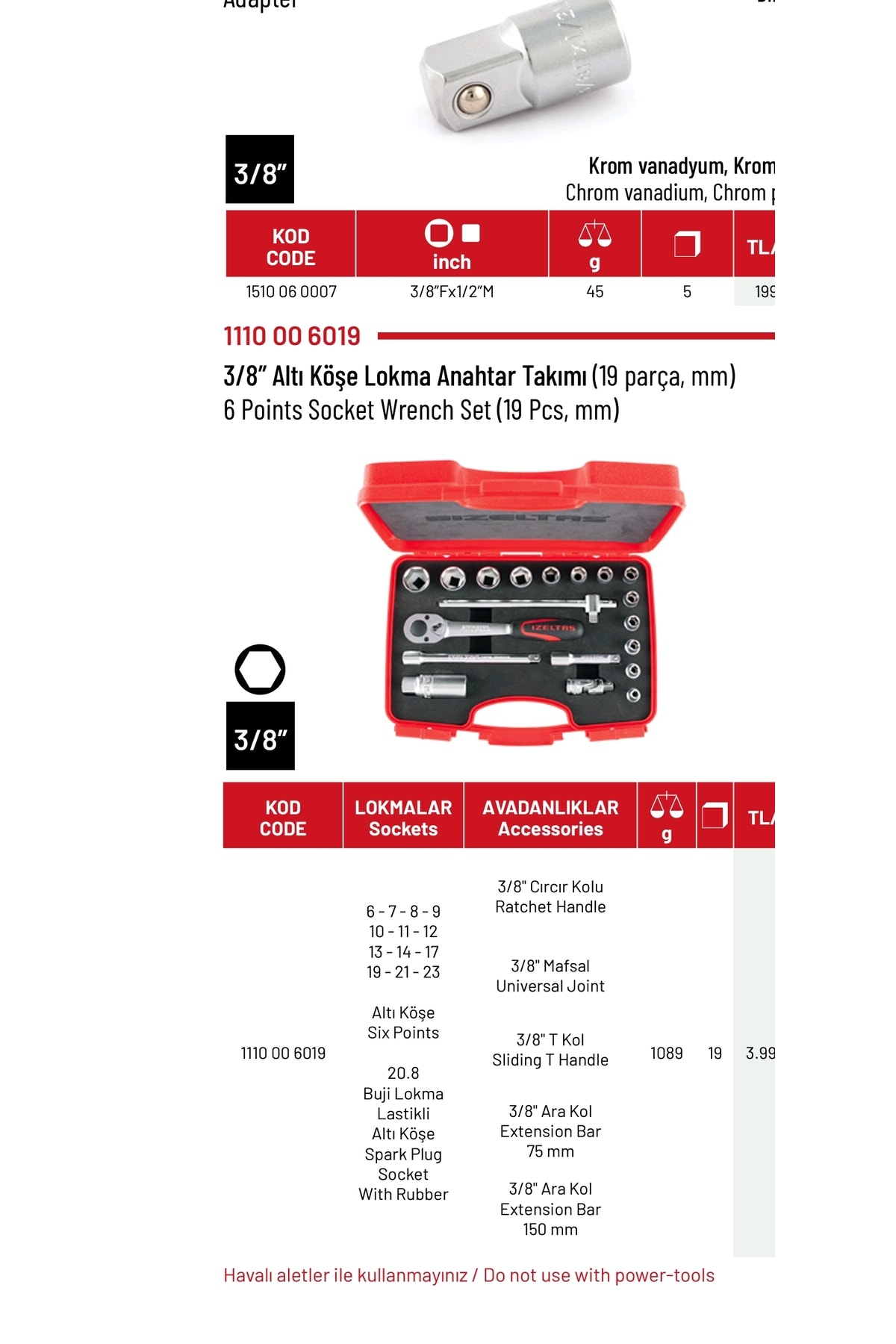 İZELTAŞ Lokma Takımı 3/8 Altı Köşe (19 Parça)