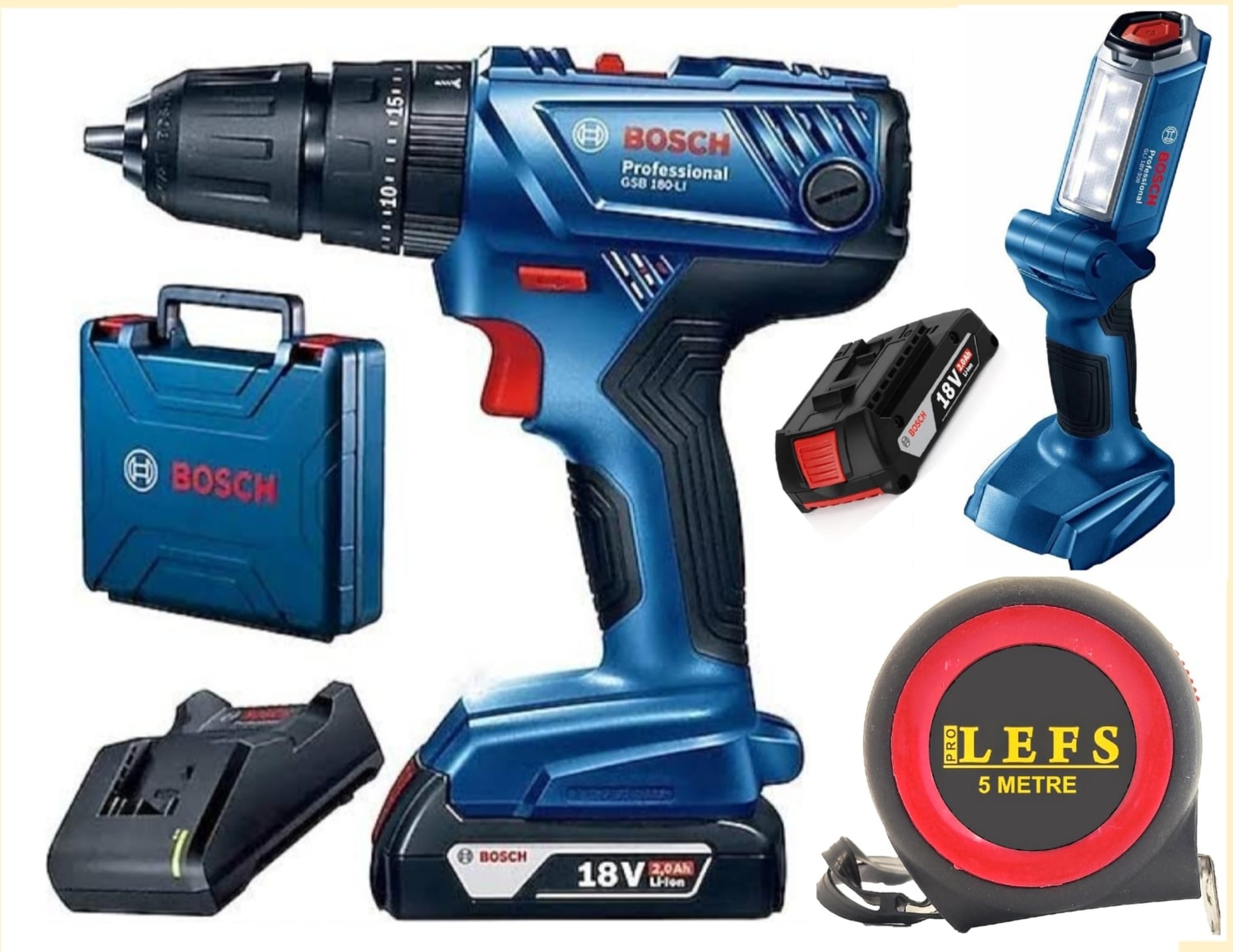 BOSCH Gsb 180 Li Çift Bataryalı Darbeli Matkap Vidalama ve  Glı 18 V-300 Şarjlı El Feneri