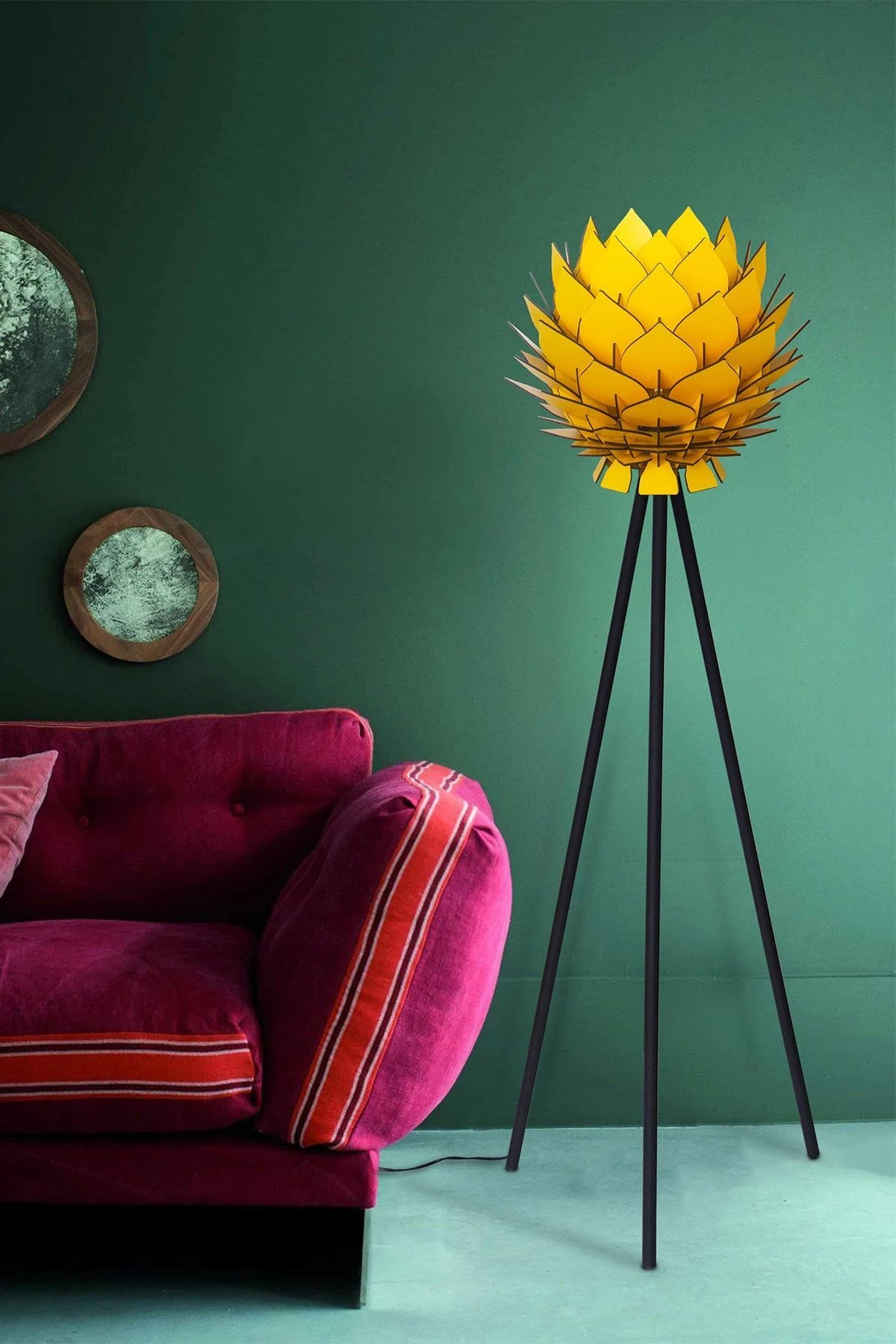 Lotus Metal Ayaklı Yerpuar Anahtarlı Ahşap Modern Tripod Üç Ayaklı Lambader Aydınlatma