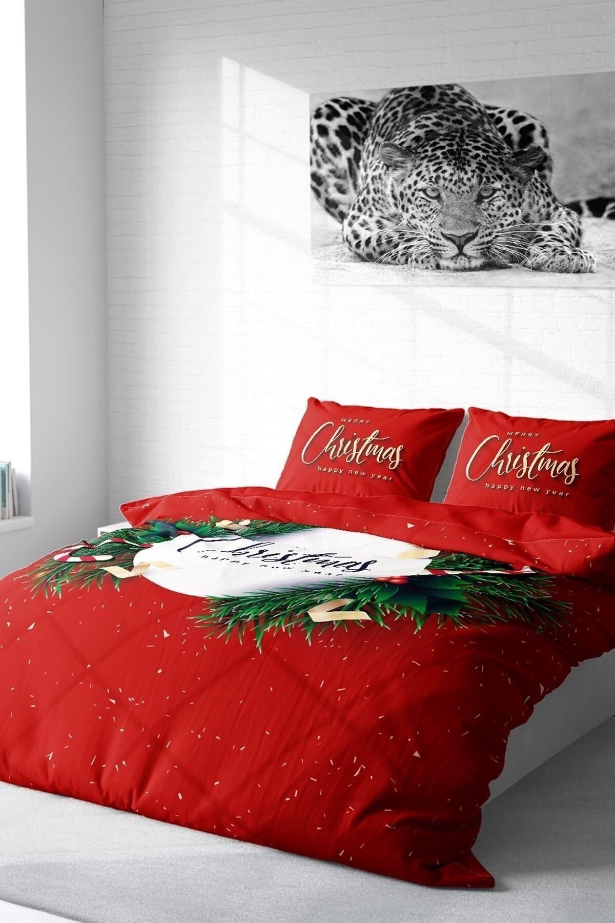 Yılbaşı Nevresim Takımı (Lastikli Çarşaflı) Çift Kişilik %100 Pamuk Saten Christmas