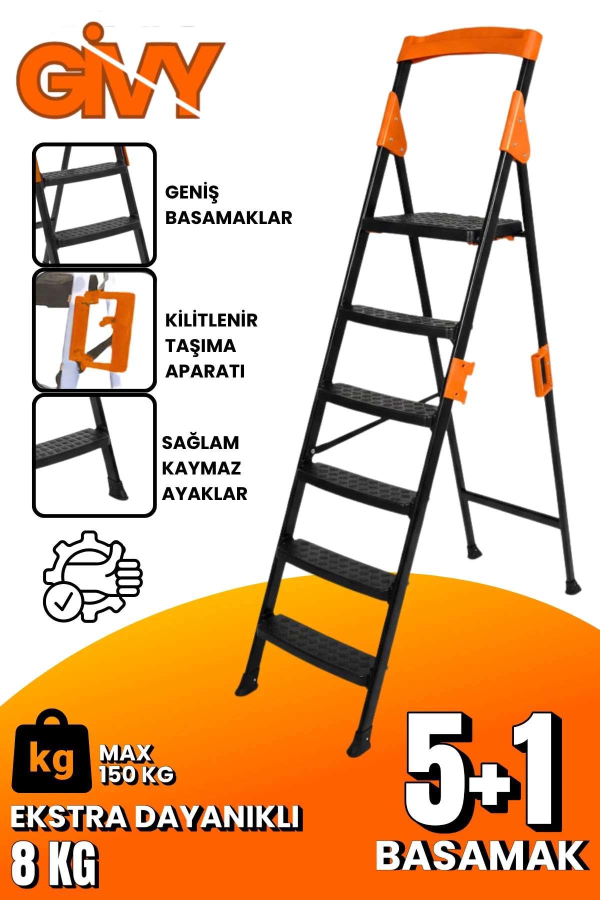 Primo 5+1 Basamaklı Katlanır Merdiven | Ev Tipi Kaymaz Plastik Geniş Basamaklı 5+1 Merdiven