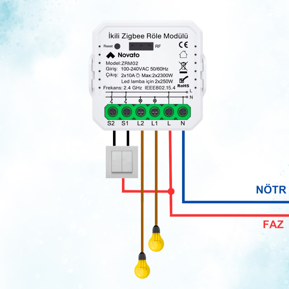 Tuya Uyumlu Zigbee Çift Çıkışlı Akıllı Anahtar (10A - 220V Röle) Anahtar Girişli, Google Asistan, Alexa Home Assistant Zigbee2MQTT ZHA Destekli Switch