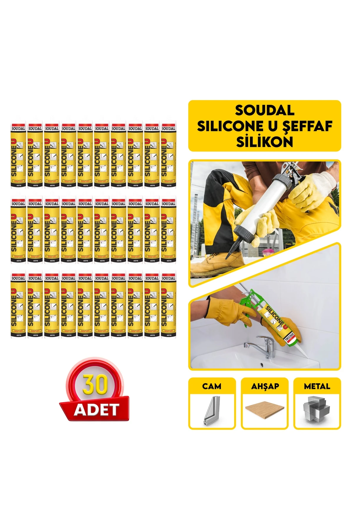 Silicone U Şeffaf Silikon | 30 Adet + Sert Plastik Silikon Tabancası