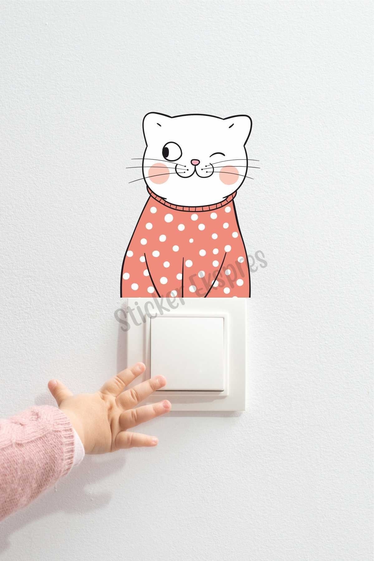 Puantiyeli Sevimli Kedi Çocuk Odası Priz Sticker