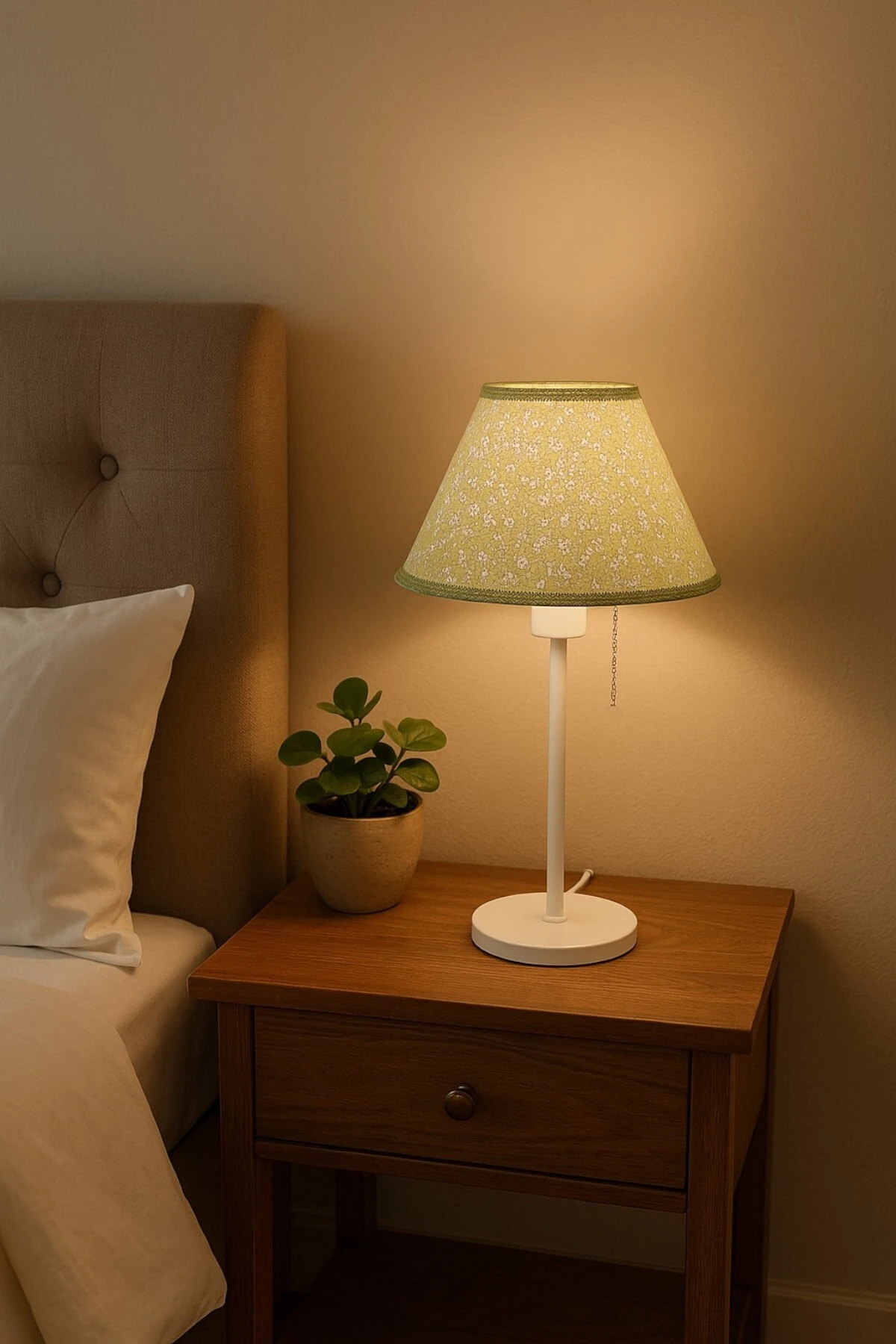 Yeşil Çiçek Desenli Kumaş Abajur, Zincirli Anahtarlı Masa Lambası, Dekoratif Aydınlatma, 30x50 cm