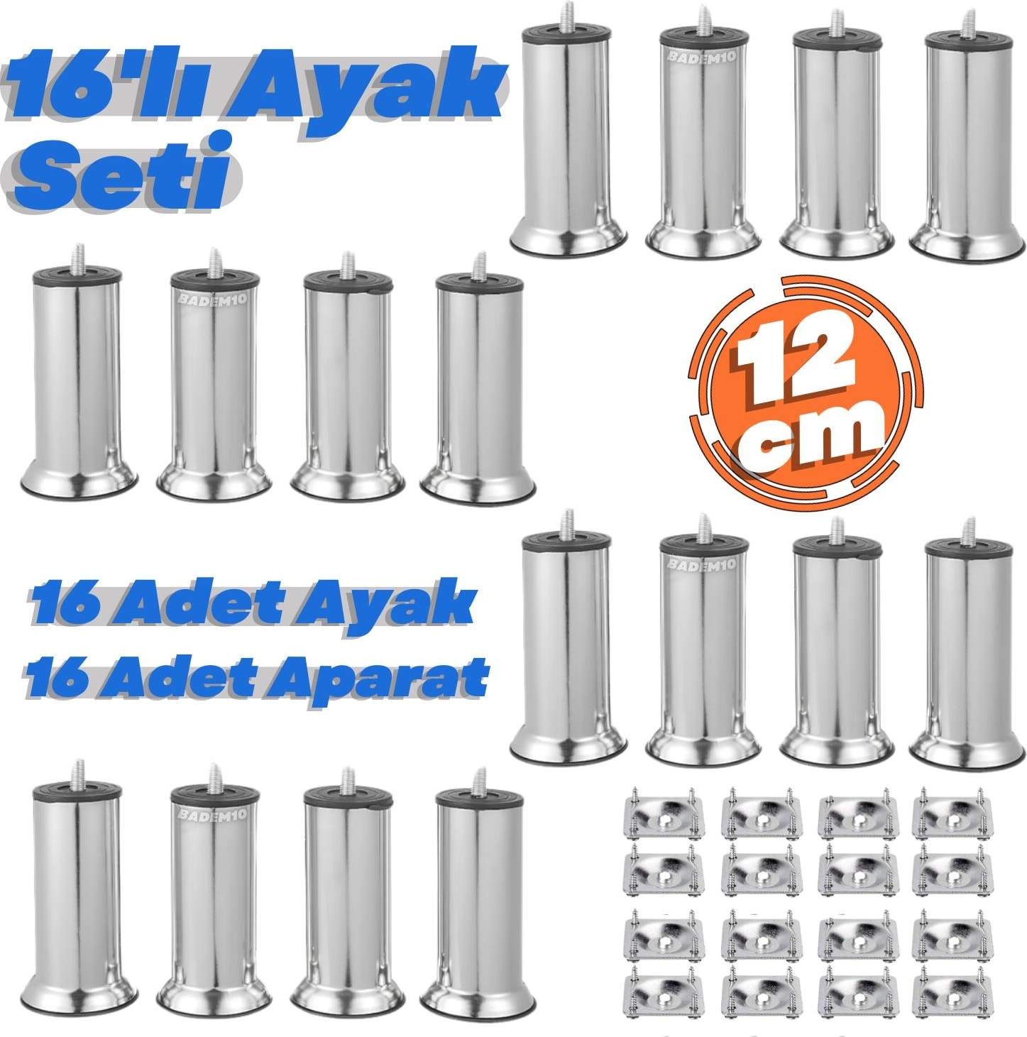 16'lı Set Krom 12 cm Metal Mobilya - Kanepe - Koltuk - Baza - Yatak - Çekyat Yükseltme Ayağı M8 Civata