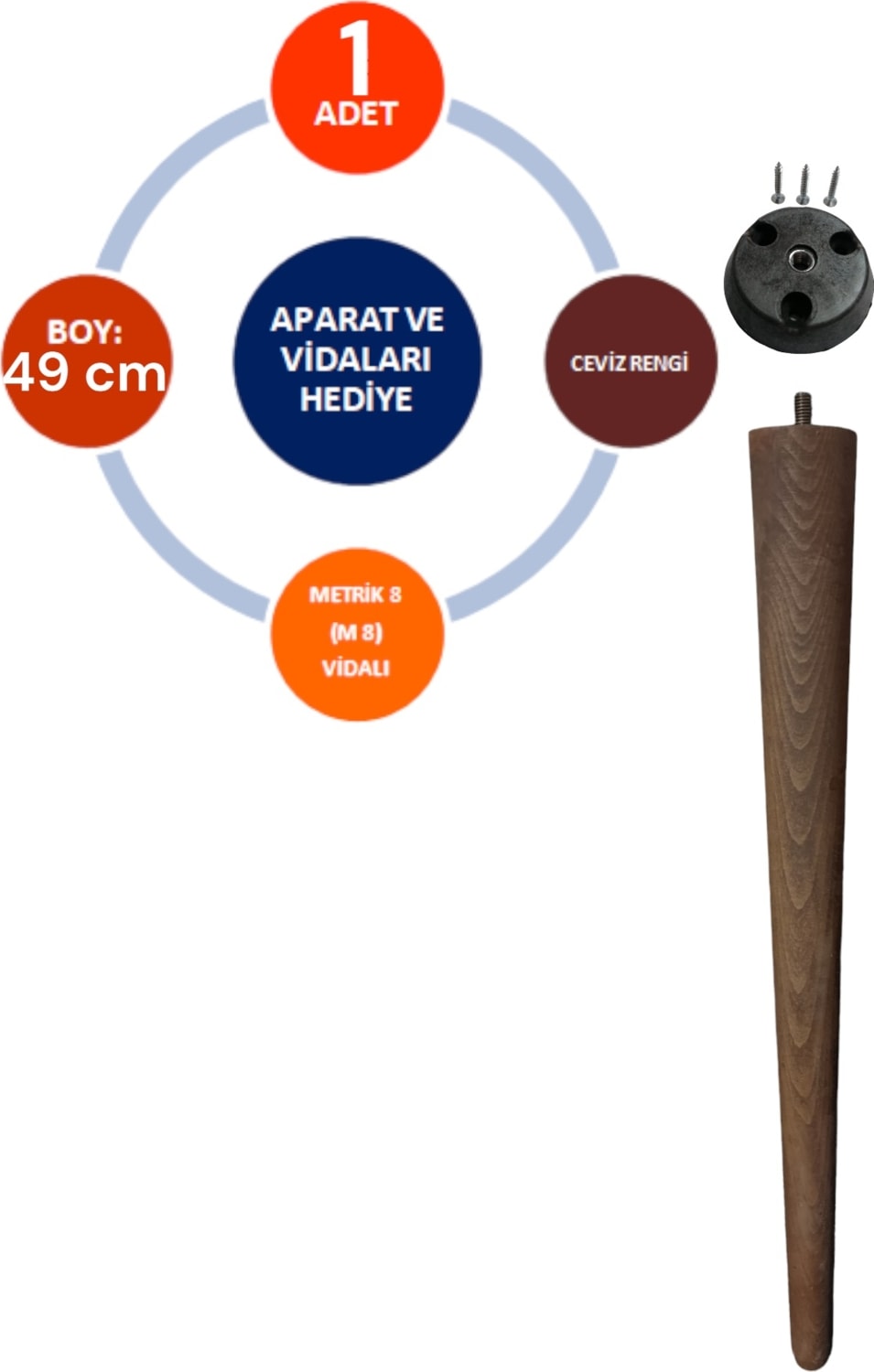 Tekli Ceviz 49 cm Ahşap Ayak Konik Masa-Sandalye-Tabure- Sehpa Ayağı Çap:4,6cm 3301000000660