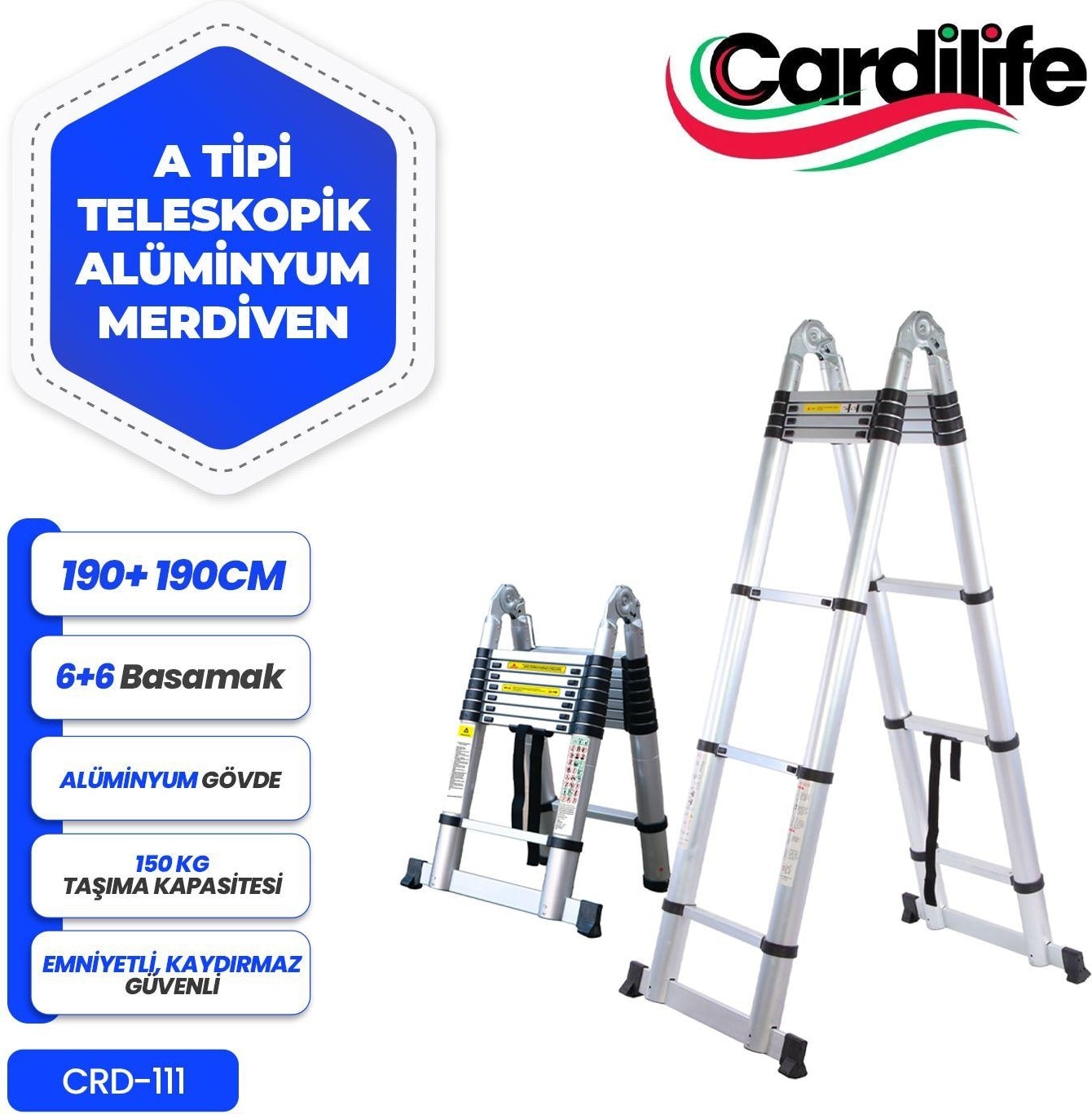 190CM+190CM 6+6 Basamaklı A Tipi Açılır Teleskopik Alüminyum Merdiven