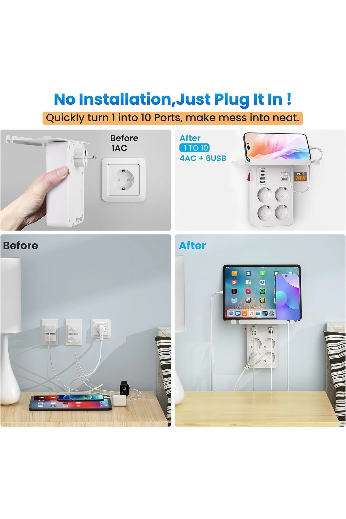 Anahtarlı Çoklu Priz USB C, Akım Korumalı Topraklı Hızlı şarjlı, Priz çoklayıcı Adaptör, Beyaz