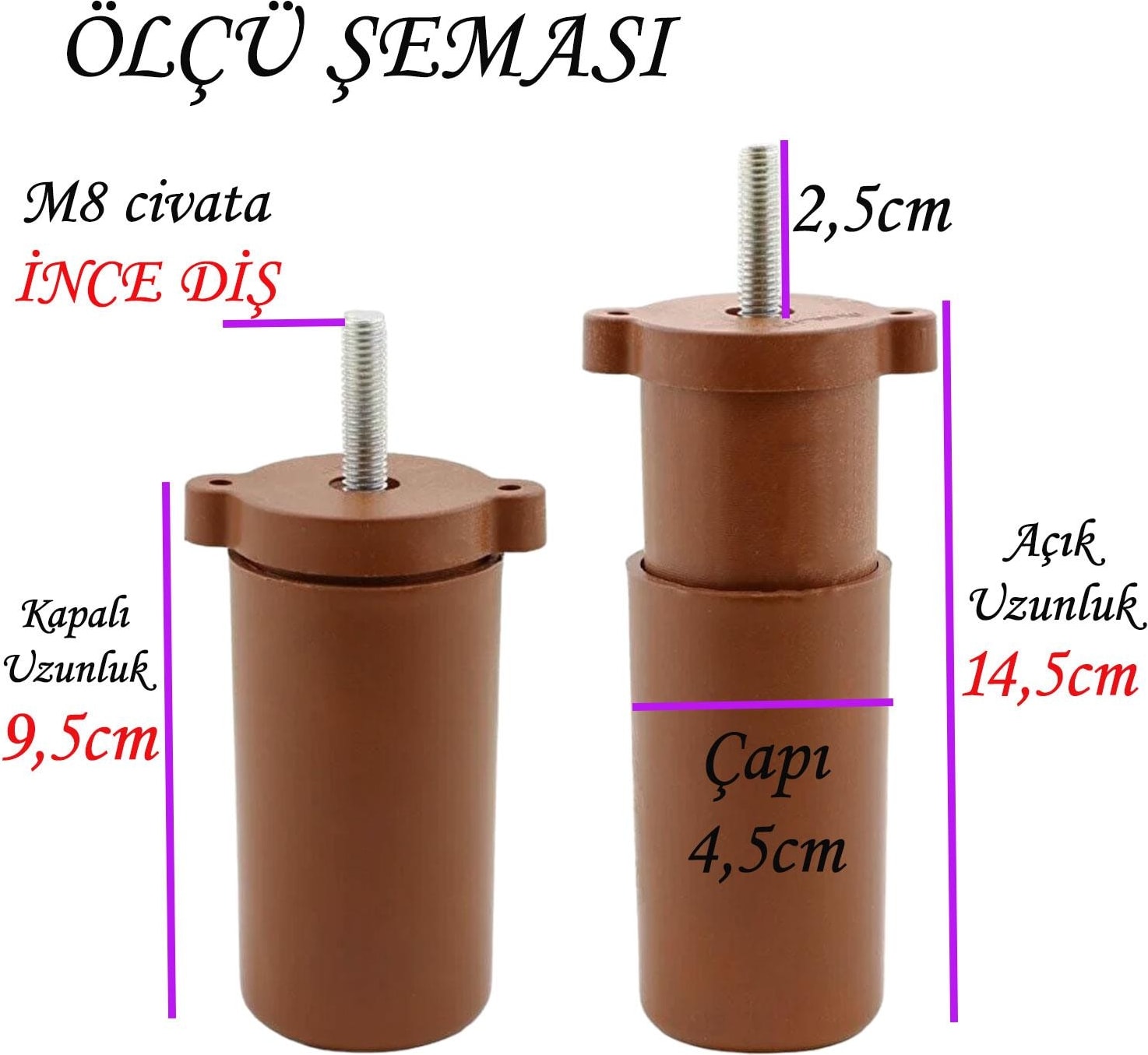 4 Adet Ayarlı Destek Ayağı 9.5 x 14.5cm Kahverengi Gizli Ayak M8 Civatalı Incediş Mobilya Kanepe Baza Koltuk