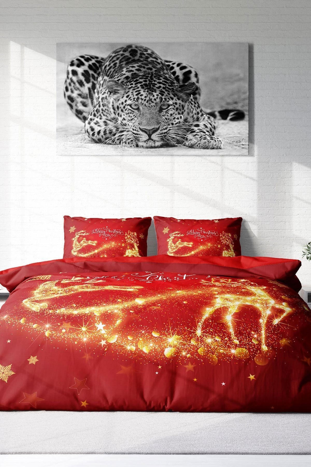 Yılbaşı Süsü Merry Christmas Çift Kişilik 3D Nevresim Takımı Pamuk Gold Deers