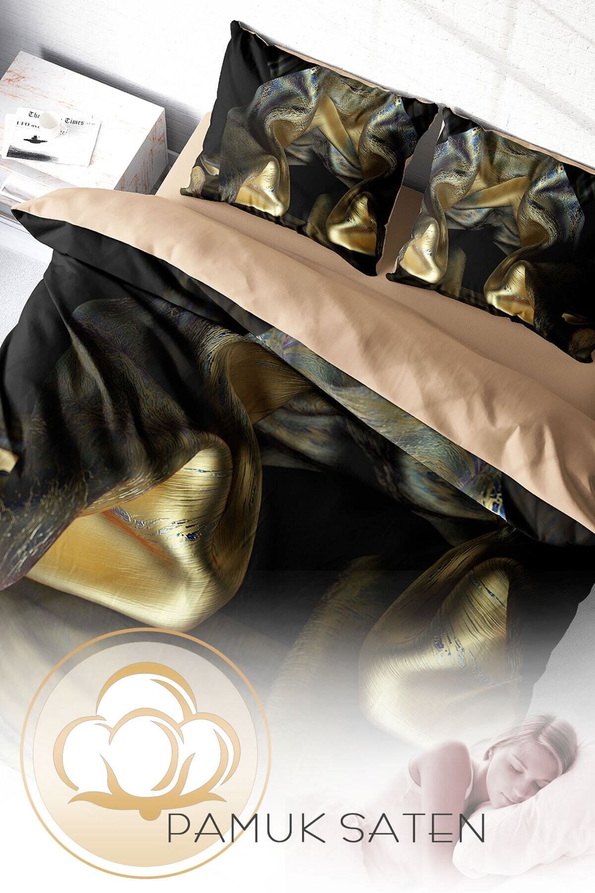 Kıng Sıze Gold Cover 3d Pamuk Saten Çift Kişilik Nevresim Takımı 220x240cm